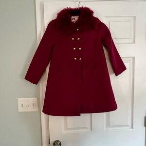 Janie and Jack Red Pea Coat with Luxurious Fur Collar